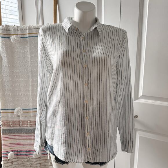 CP Shades Tops - CP Shades White Blue Striped Long Sleeves Button Down Shirt Women’s Size Large